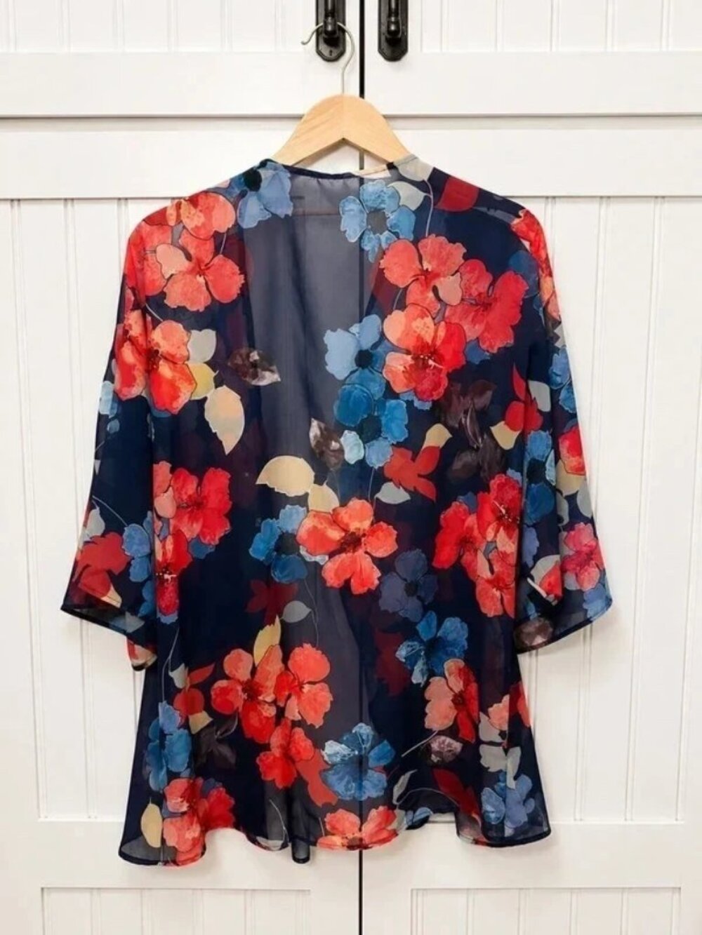 Navy Blue Floral Sheer Open-Front Kimono Cardigan Size Large - Picture 2 of 4